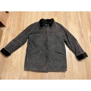 Pacific Rose Women Gray Suede Leather Fur Trimmed Winter Coat Jacket Size L